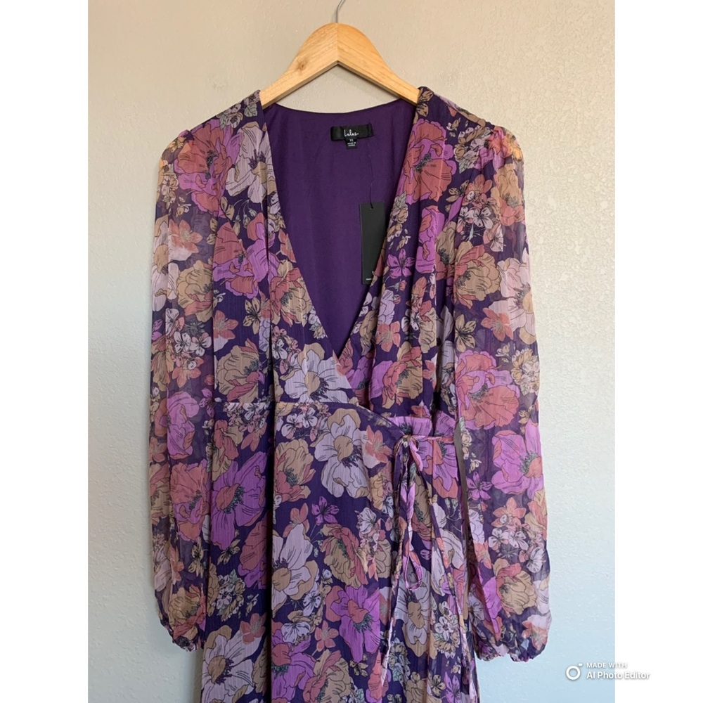 Lulus XL Feeling Sweet Purple Floral Print Long Sleeve Wrap Maxi Dress NWT - Picture 3 of 16